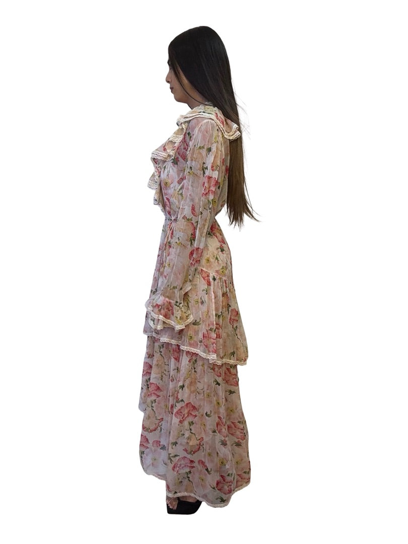Zimmermann Pink Lace Trim Floral Tiered Dress. Size: 4