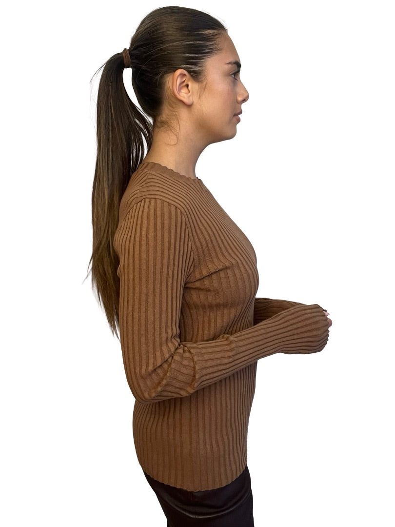Anine Bing Tan Rib Knit Long Sleeve. Size: S