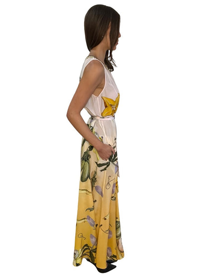 Camilla Pink/Yellow Silk Floral Jumpsuit W Tie. Size: S