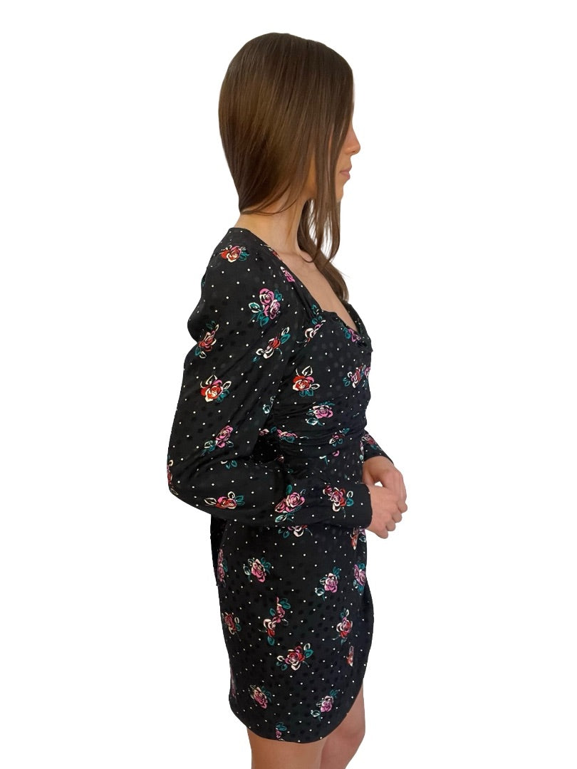 Alessandra Rich Black/Multi Long Sleeve Mini Dress with Rouched Bodice. Size: 42