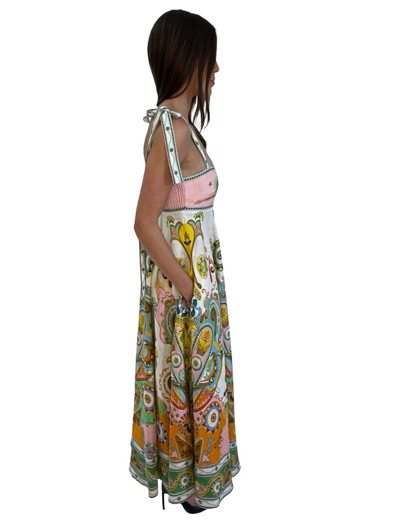 Alemais White/Multi Long Print Cotton Linen Maxi Dress w Bow Straps. Size: 6