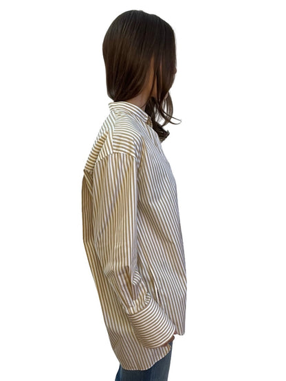 Scanlan Theodore White / Brown Striped Shirt w/ Side Slit. Size: 8