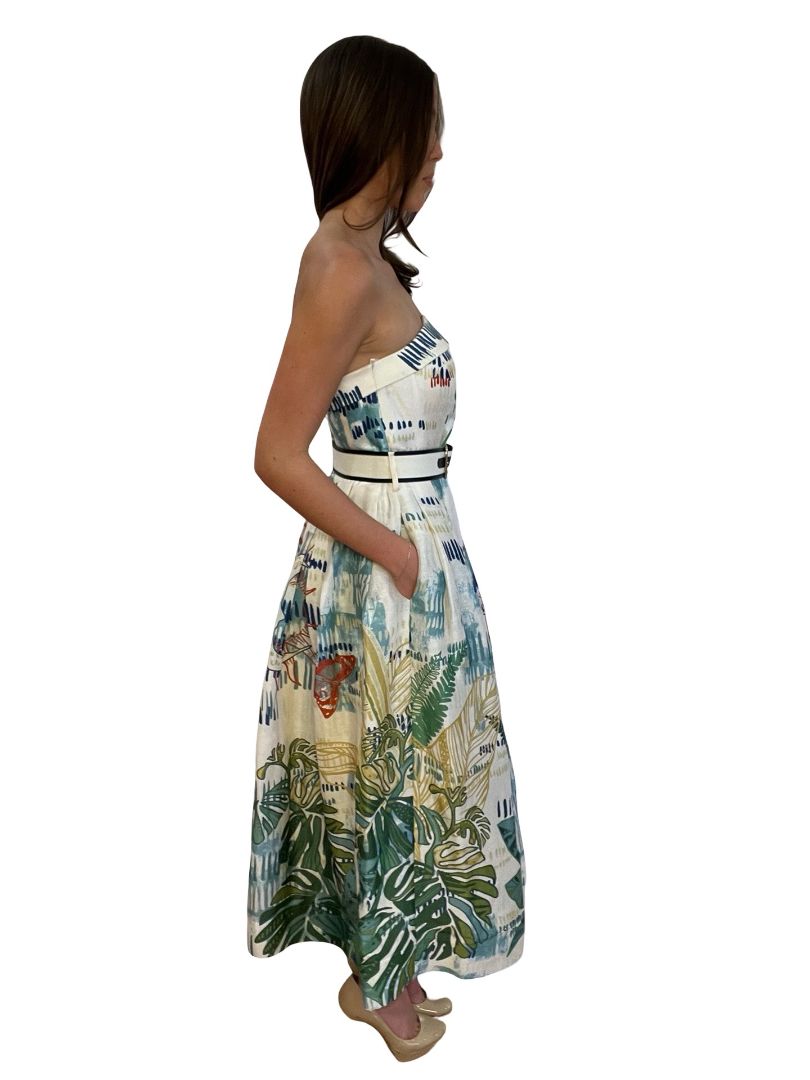 Leo Lin White Multicolour Print Strapless Puff Dress. Size: 10