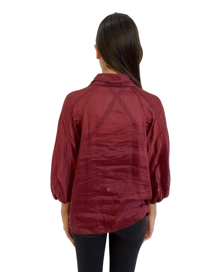 Aje Red Sheer Blouse w/ Puff Sleeve. Size: 10