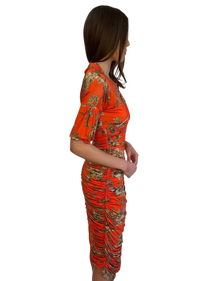 Preen By Thorton Bregazzi Orange Ruched Floral Print Dress. Size: XS