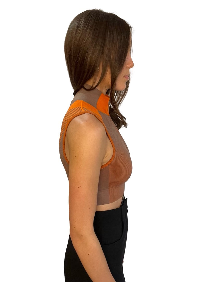 Y-3 Orange / Brown Sleeveless Turtleneck Sports Crop Top. Size: S