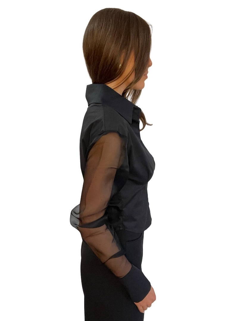 aaizél Black Silk Organza Sleeve Shirt. Size: 8