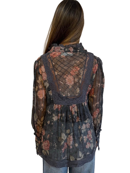 Zimmermann Grey Floral Print Silk Blouse w/ Lace Trim. Size: 0