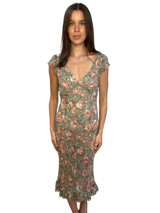 Collette Dinnigan Multi-Colour Floral Print Silk Pleat Hem Dress. Size: L
