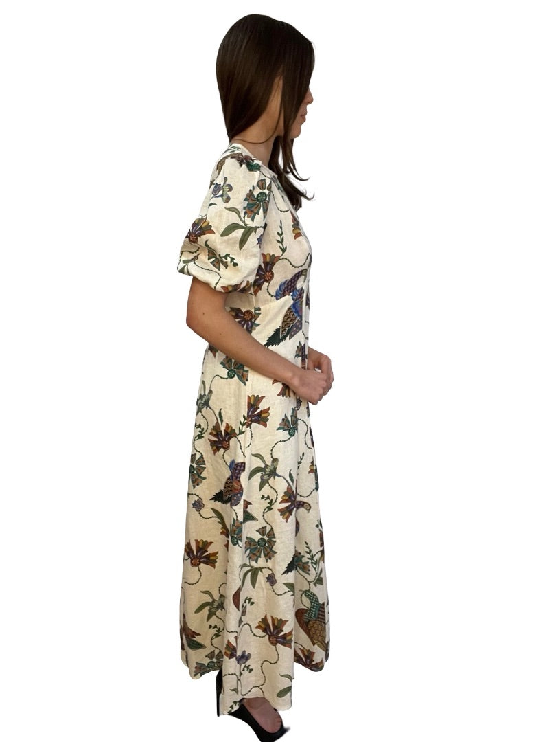 Alemais Neutral / Multi-Colour Birdie Linen Midi Dress. Size: 10