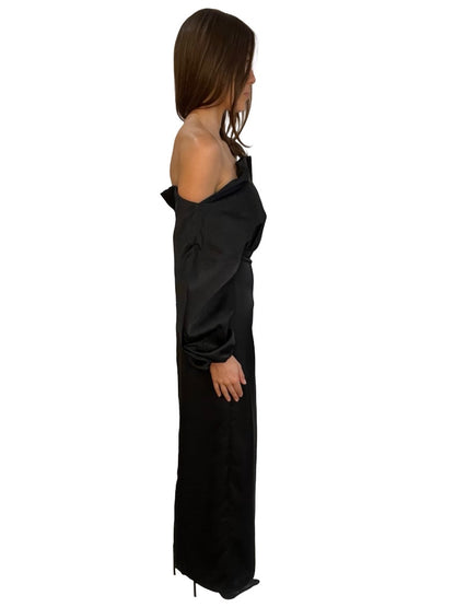 By Malina Black Satin Off The Shoulder Dress. Size: 8