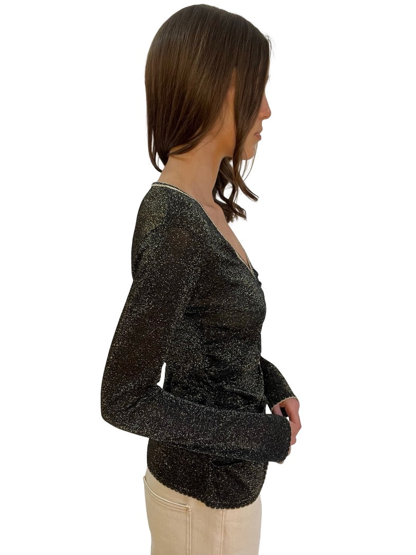 Peter Pilotto Black/Gold Metallic Gathered Long Sleeve Top. Size: M