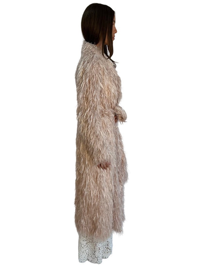 Dries Van Noten Light Pink Rolana Tris Shaggy Long Coat. Size: 38