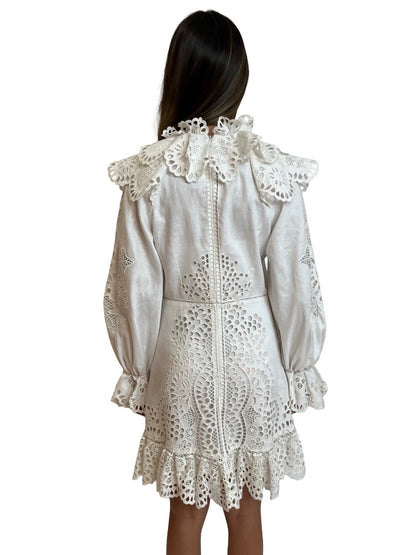 Zimmermann White Embroidered Cut Out Long Sleeve Mini Dress. Size: 1