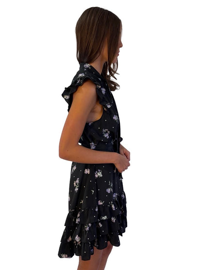 Zimmermann Black/Purple Floral Sleeveless Ruffle Belted Silk Dress. Size: 3
