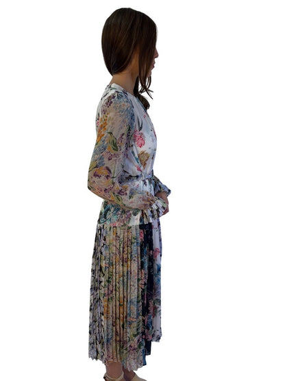 Zimmermann Purple/Multi Floral Pleated Dress W Slip and Belt Tie. Size: 1
