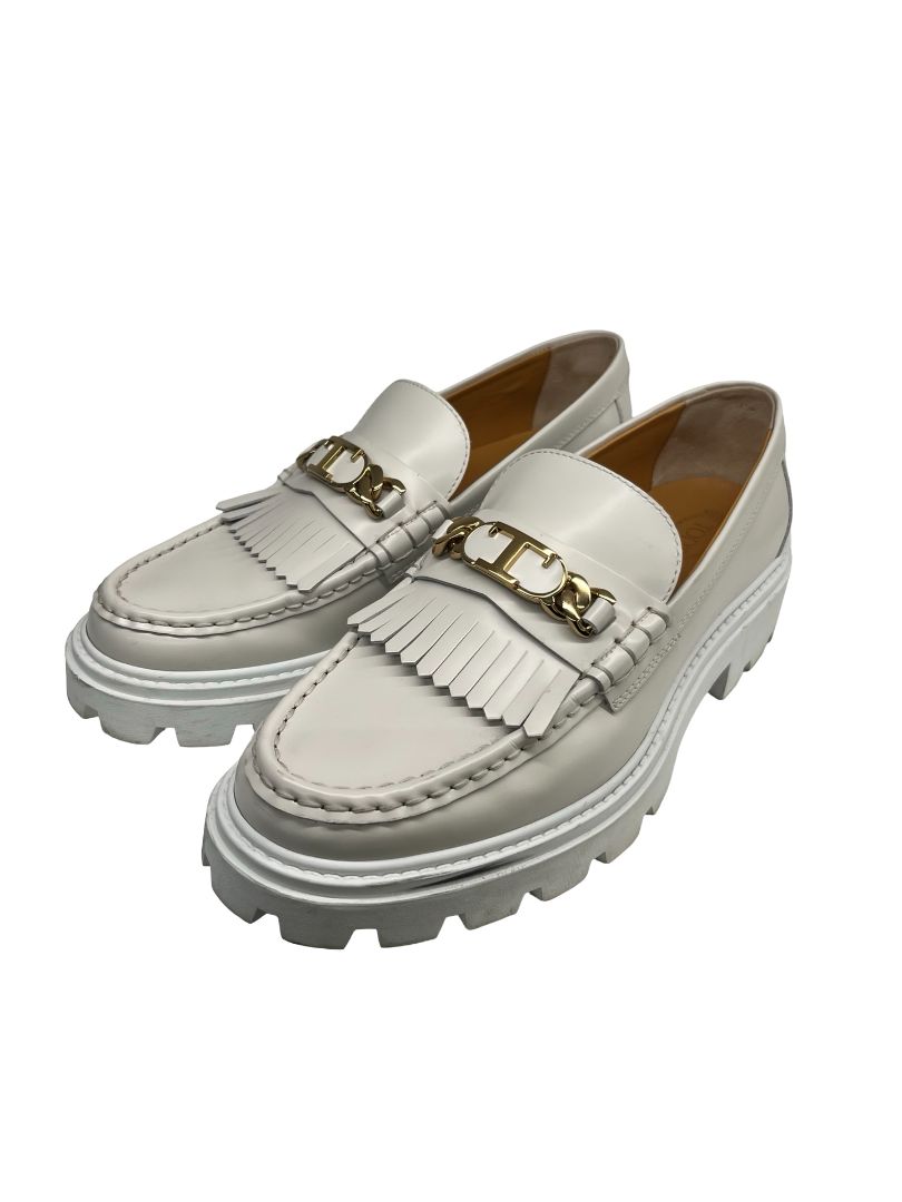 Tod's White Fringed Platform Leather Loafer. Size: 39