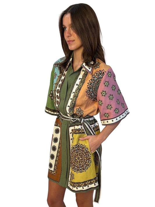 Alemais Green / Multi-Colour Contina Mini Dress. Size: 8