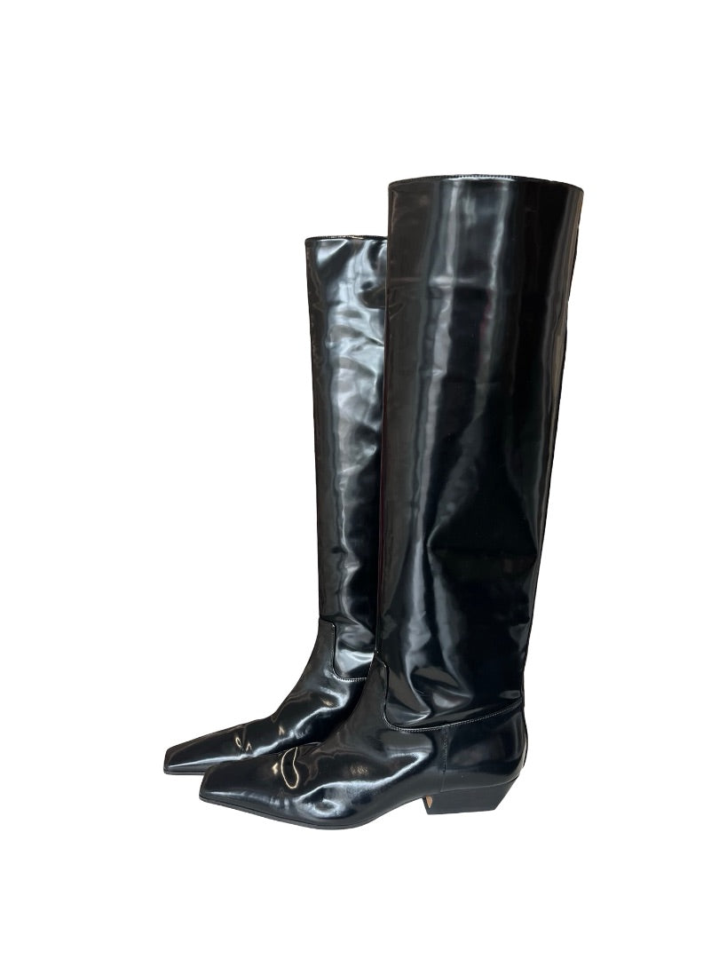 Khaite Black Marfa Glossed Leather Boots. Size: 39.5