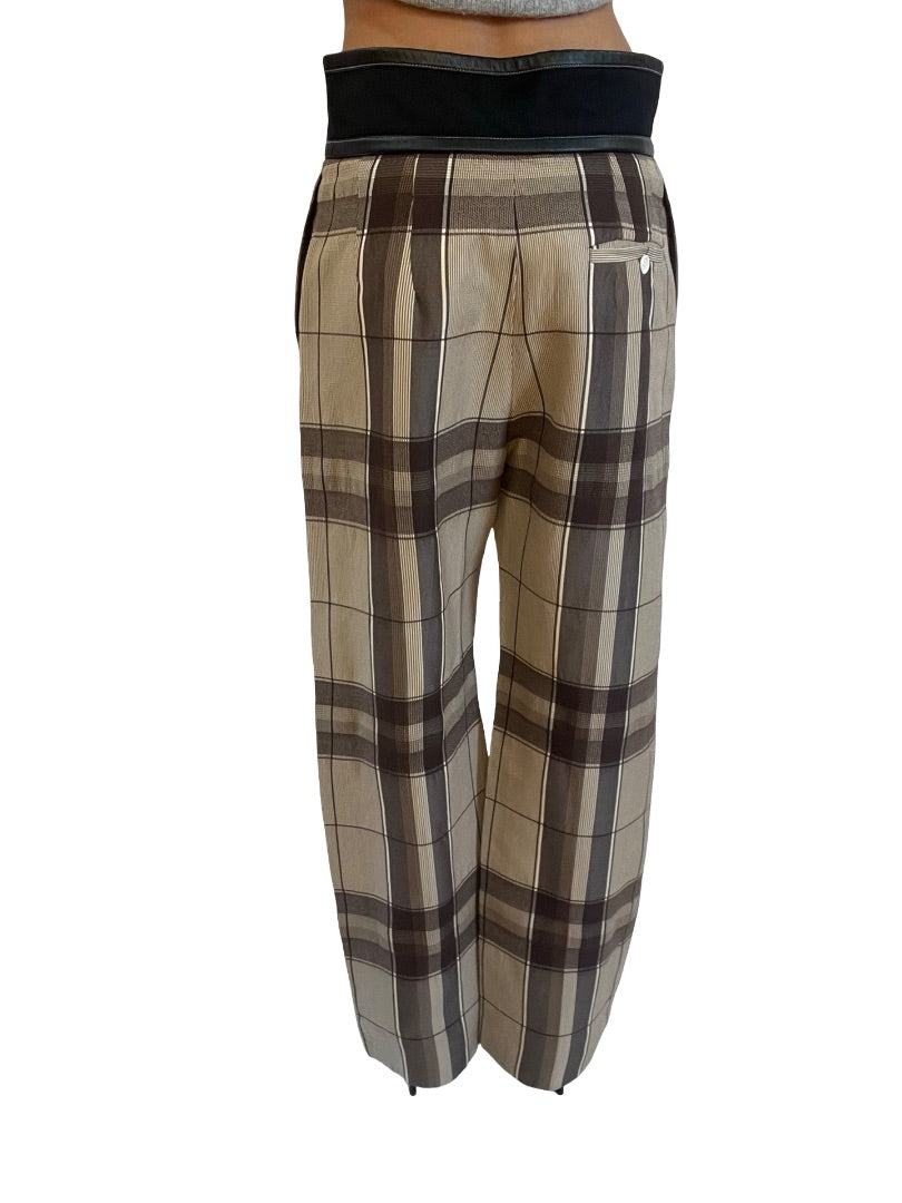 Celine Beige Plaid Trousers W Leather Velcro Waistband. Size: 34