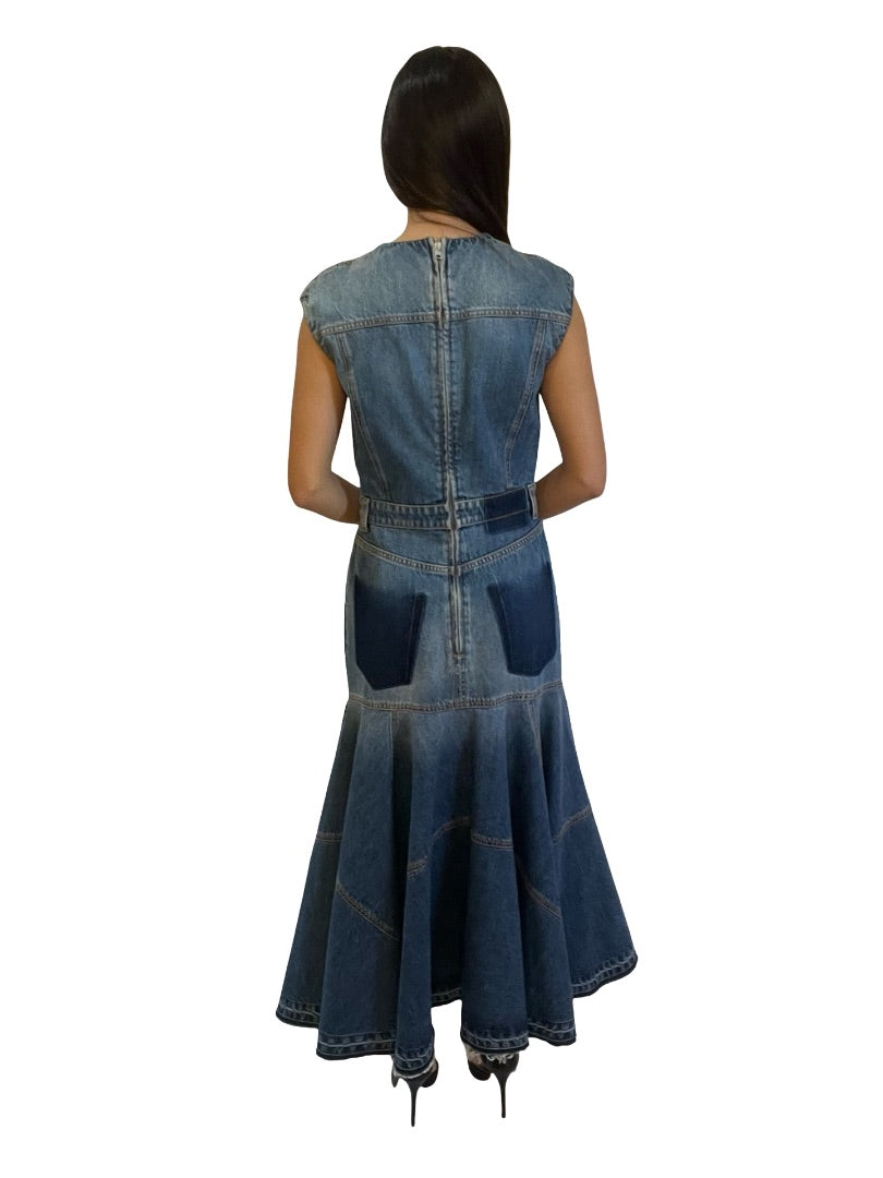 Alexander McQueen Blue Denim Corset Patchwork Contrast Dress. Size: 42