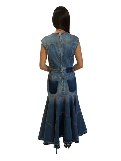 Alexander McQueen Blue Denim Corset Patchwork Contrast Dress. Size: 42