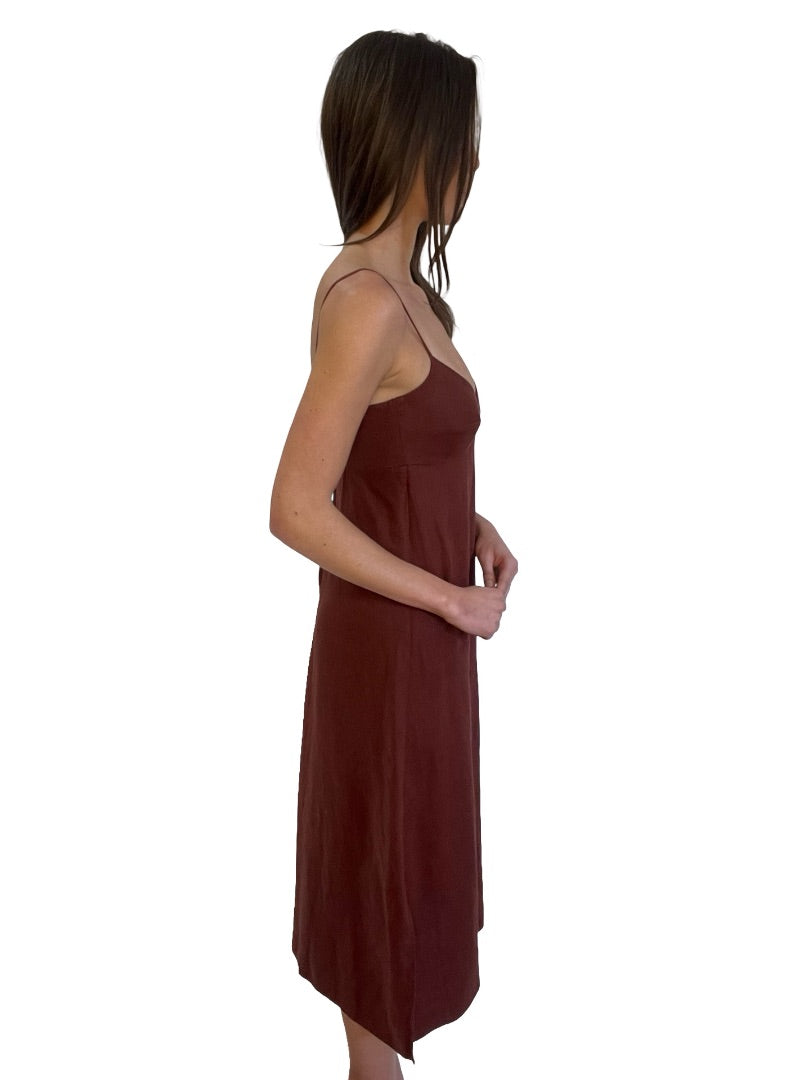 Scanlan Theodore Burgundy Heart Neckline Linen Maxi Dress. Size: 6