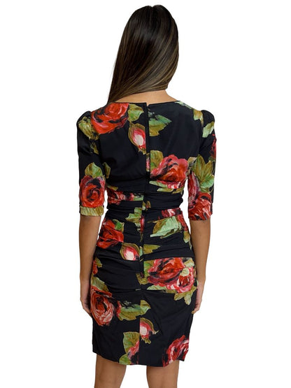 Dolce & Gabbana Black/Red Scoop Neck Floral Silk Dress. Size: 38