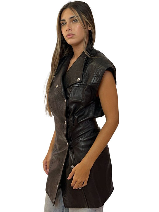 IRO Brown Black Sleeveless Leather Button Up Dress / Vest. Size: 34