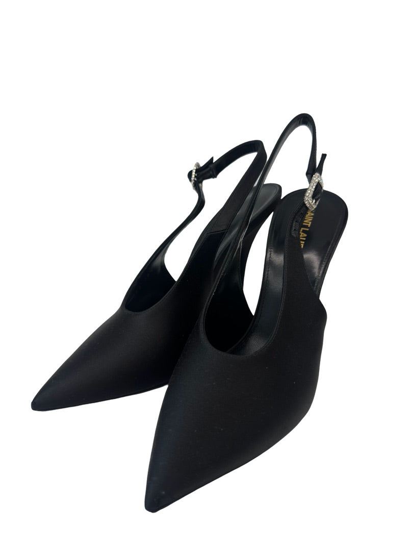 Saint Laurent Black Yasmeen Slingback Satin Heel w Diamond Buckle. Size: 38.5