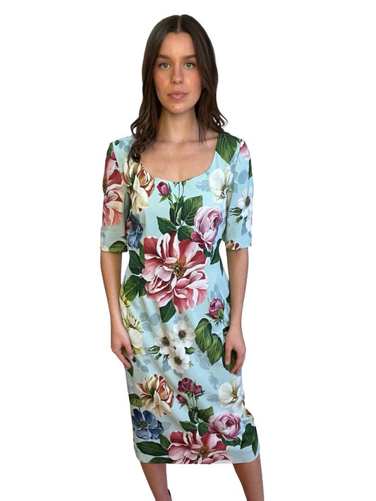 Dolce & Gabbana Aqua Floral Scoop Neck Dress. Size: 48