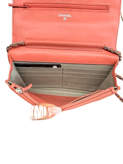Chanel Salmon Patent CC Wallet On Chain Crossbody Bag.