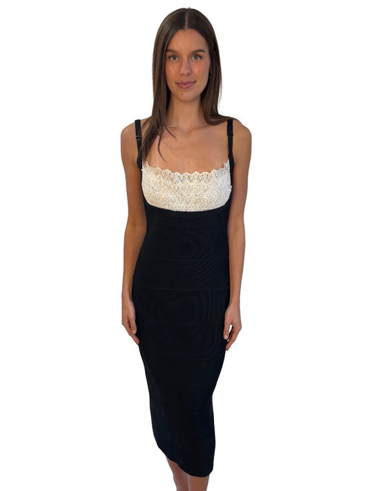 Herve Leger Black Bandage Wrap Dress w/ Lace Bust. Size: M