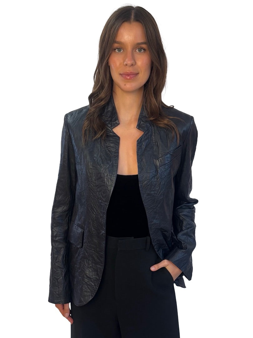 Zadig & Voltaire Grey Crinkled Lamb Leather Blazer. Size: 36