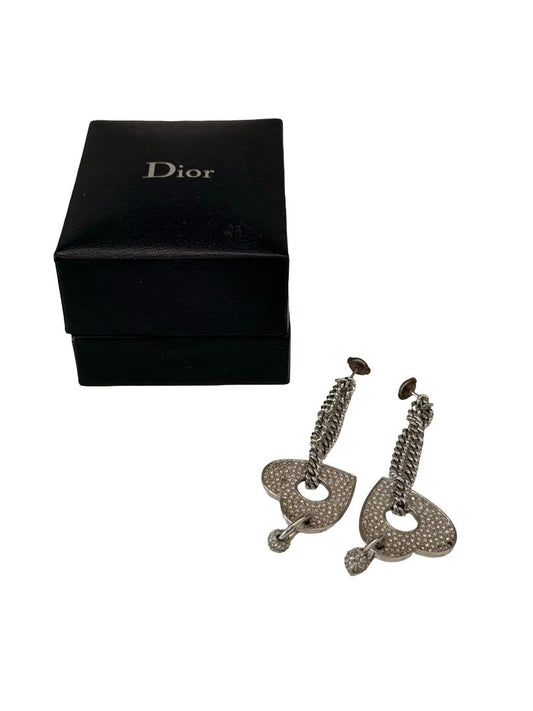 Dior Silver Chain Dangle Rhinestone Heart Earrings.