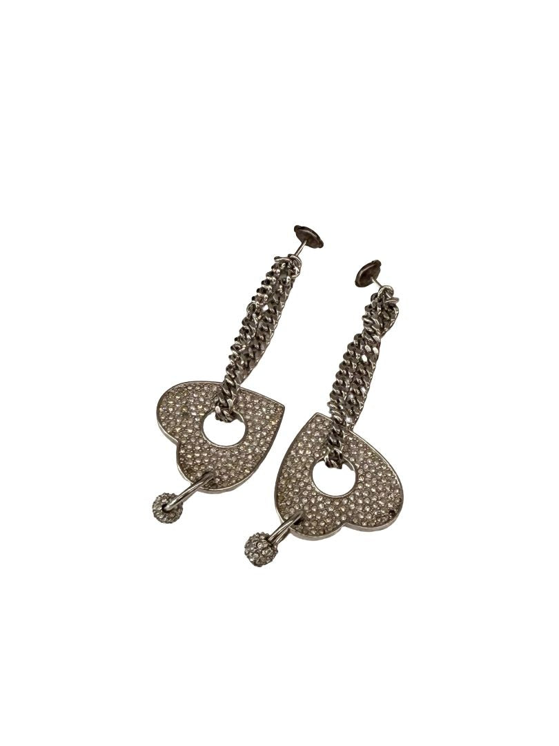 Dior Silver Chain Dangle Rhinestone Heart Earrings.