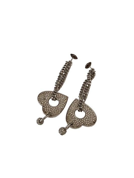Dior Silver Chain Dangle Rhinestone Heart Earrings.