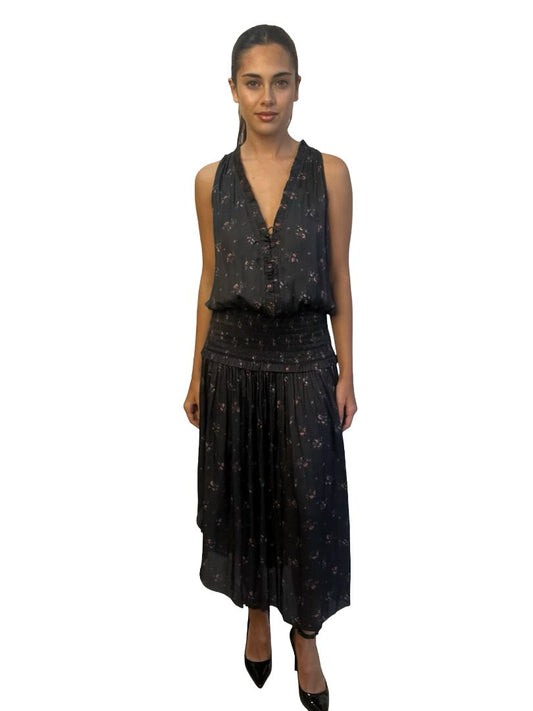 Ulla Johnson Black Floral Print Shirred Waist Dress. Size: 2