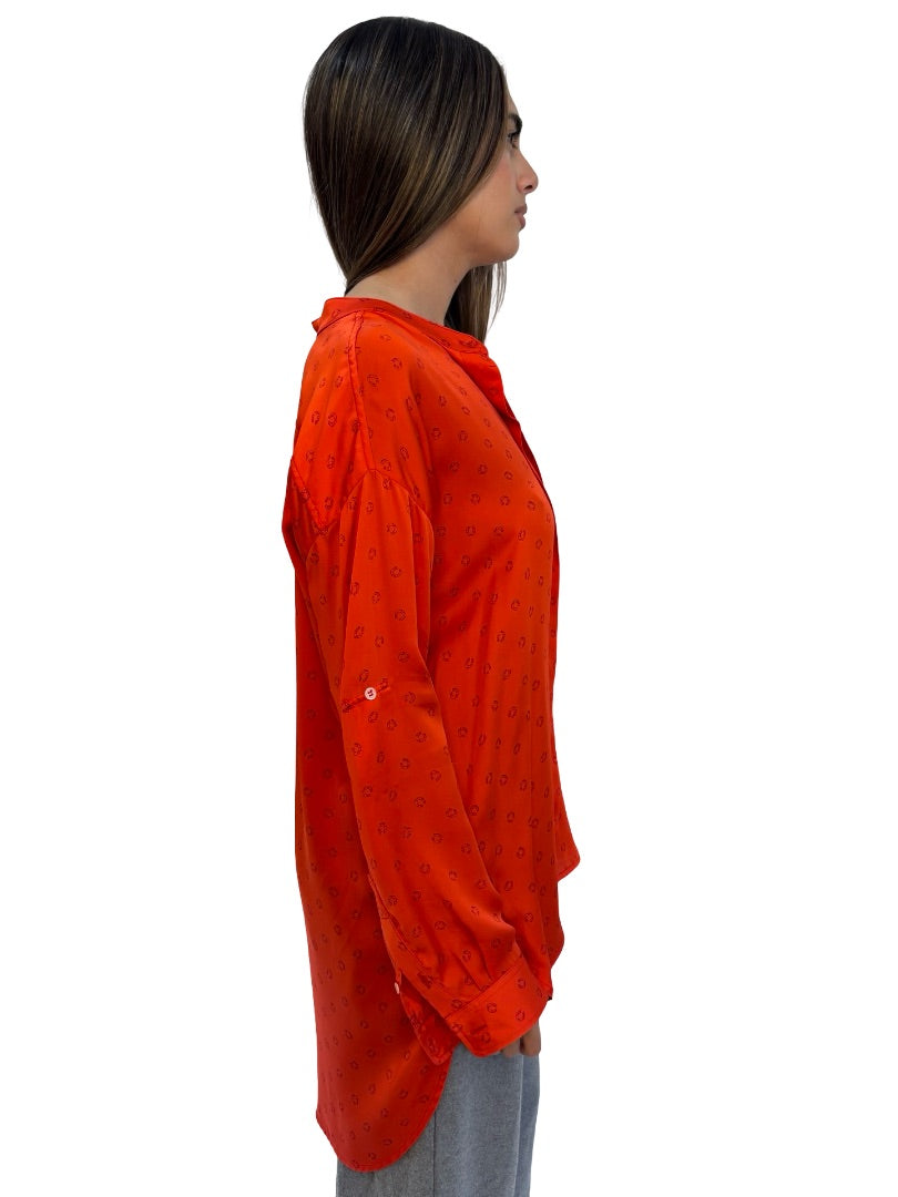 Scanlan Theodore Orange Red Horseshoe Print Silk Shirt. Size: 8