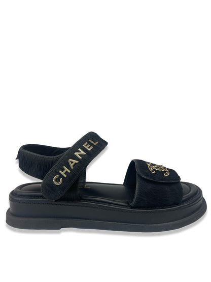 Chanel Black Pony Hair Leather Sandal. Size: 37.5