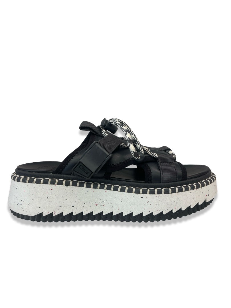 Chloe Black/White Leather 'Lilli' Platform Rope Sandals. Size: 39