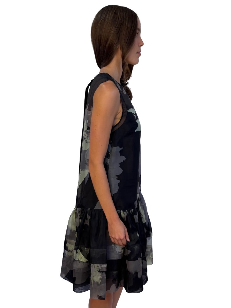 Lee Mathews Black/Sage Silk Printed 'Sonja' Dress. Size: 1