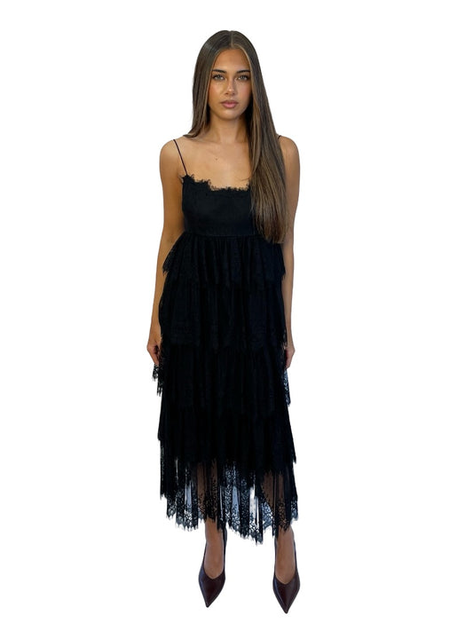 Ramon Filip Black Lace Tiered Dress. Size: S