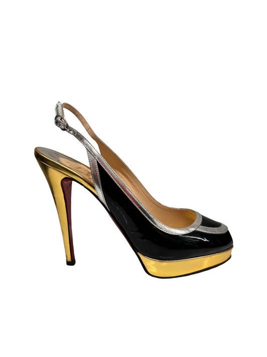 Christian Louboutin Black & Metallic Foxtrot Slingback Heels. Size: 39