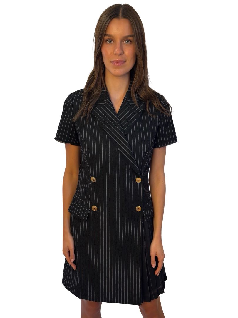 Wunderkind Black Pinstripe Short Sleeve Blazer Dress W Pleat Detail. Size: 40