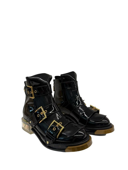 Alexander McQueen Black / Gold Buckled Flower Boot. Size: 37