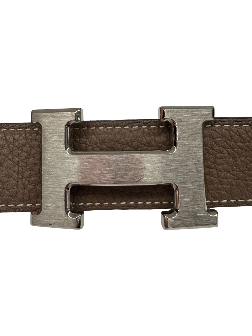 Hermes Brown / Black Reversible Belt W Silver Buckle. Size: 90cm