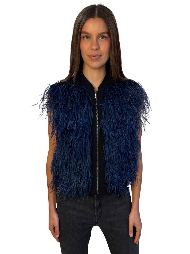 Ginger & Smart Blue Ostrich Feather Code Vest. Size: M