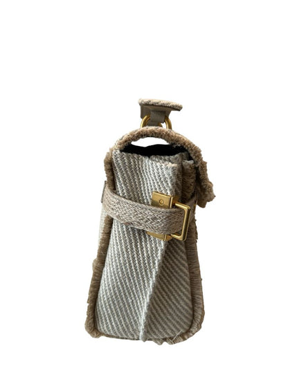 Balmain Beige / Cream B-Buzz 22 Raffia Effect Top Handle Bag.