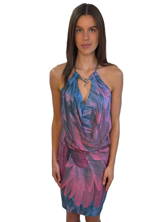 Roberto Cavalli Blue / Pink Feather Print Chain Halter Neck Dress. Size: L